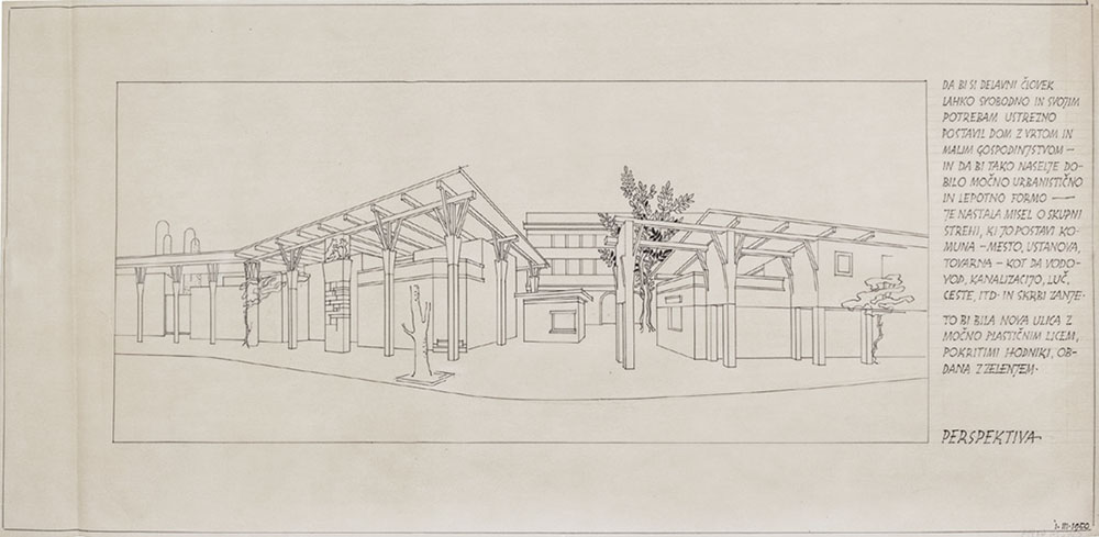 Perspective of the “Houses under the Common Roof” with the description of the concept. © MAO Collection, 1950.