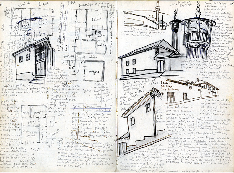 Pages 10 and 11 from Dušan Grabrijan’s sketchbook from the 1930s with the architect’s analytical sketches and notes on Bosnian Oriental houses. © Dušan Grabrijan’s archive, MAO.