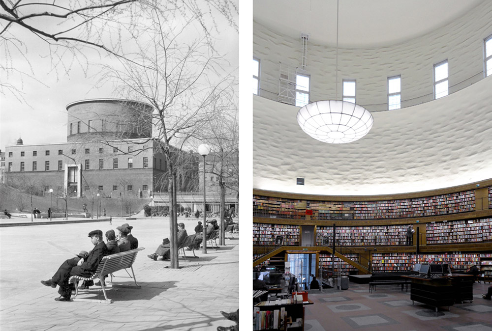 Left: The exterior rotunda of the Stockholm Public Library (Stadsbiblioteket) by Erik Gunnar Asplund. © G. Löwendahl, 1938 (PDM 1.0 DEED, ArkDes Archive, Asplund Collection, ARKM.1962-101-0843). Right: The interior rotunda of the Stockholm Public Library (Stadsbiblioteket) by Erik Gunnar Asplund. © P. Fleming, 2014.