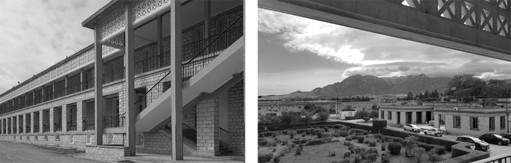 Left: Current state of the High School of Agriculture of Mograne. © Author, 2023. Right: The School of Agriculture of Sidi Naceur in Mograne before the mountains of Zaghouan, seen from the entrance block. © Author, 2023.