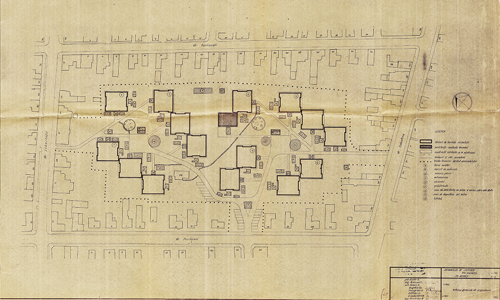 Playgrounds, pedestrian walkways, and planted green spaces proposed in the Aleea Săvinești neighborhood in Târgu-Mureș. © Unpublished document from the archive of the former State Design Institute of Mureș County – project no. 4453/1967.