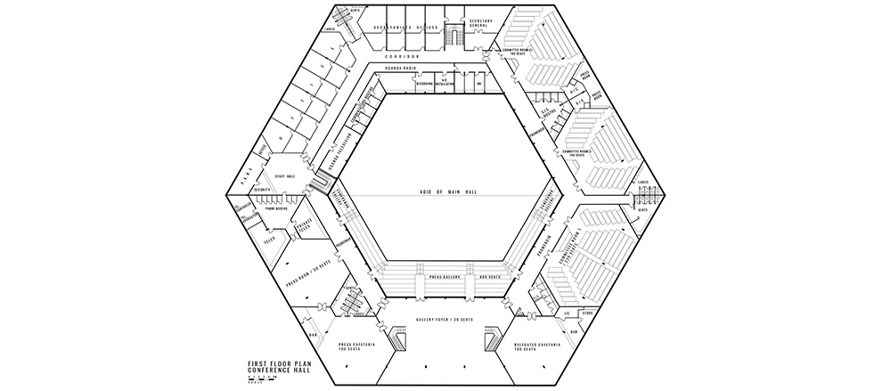 International Conference Centre, floorplan first floor, redrawn by author based on original scan. © Government of Uganda, 1971.