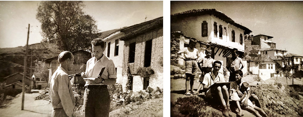 Left: The team taking site notes somewhere in Macedonia, 1947-49. © Grabrijan and team, Grabrijan archives, Folder 4, drawer 5.2: Macedonian House, Museum of Architecture and Design, Ljubljana. Right: Team in Veles, 1947-49 © Grabrijan and team, Grabrijan archives, Museum of Architecture and Design, Ljubljana.