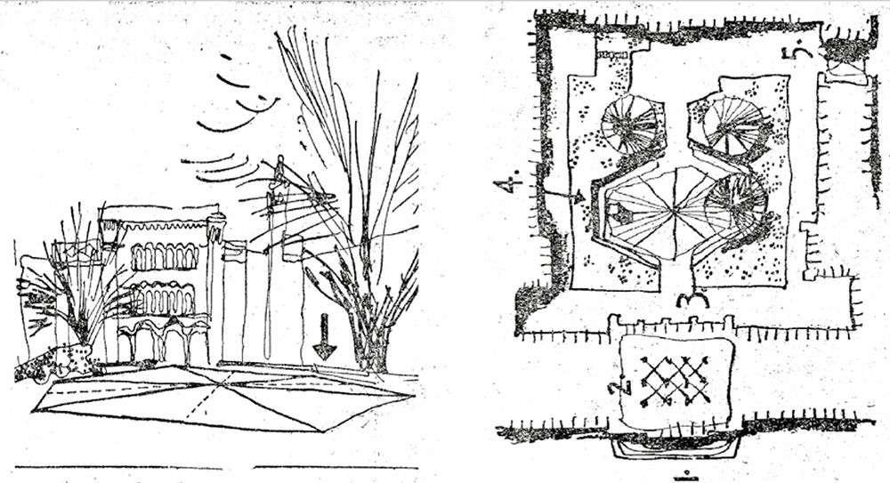 Detail from Bogdanović’s article ‘A nice old Courtyard’ published in the ‘Mali Urbanizam’ column, in which the idea is put forth to integrate the Courtyard of Belgrade’s University Rectorate Building (1858) into a bigger system of pedestrian areas in Belgrade. © Bogdan Bogdanović, 1958, scan from newspaper, no page.