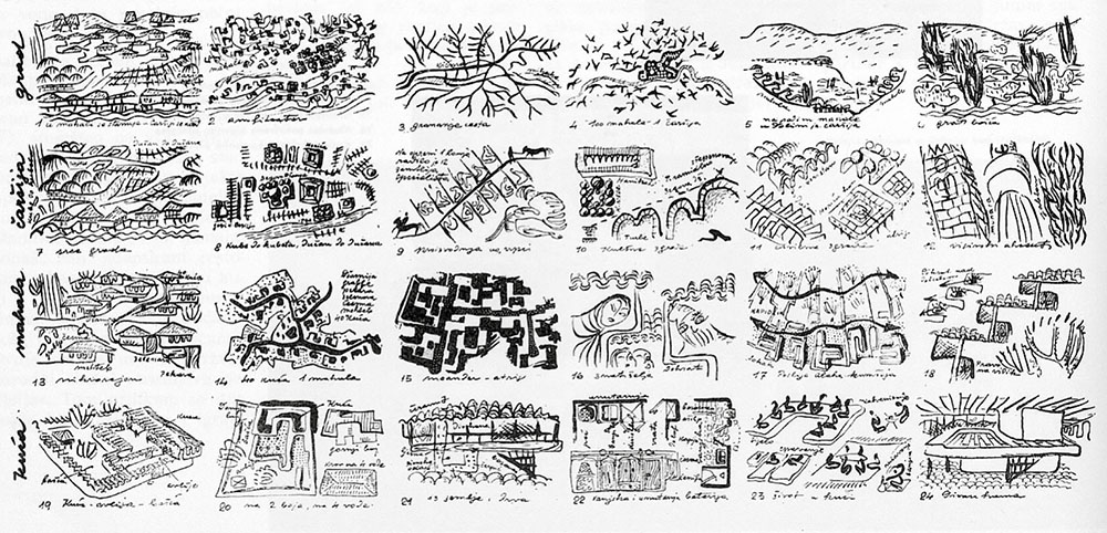 Grid depicting the main characteristics of vernacular Sarajevo: the house, the neighborhood (mahala), the trade and crafts district (čaršija), and the city. Drawing by Juraj Neidhardt. © Grabrijan & Neidhardt, 1957, pp. 56-57. Akademija nauka i umjetnosti Bosne i Hercegovine, 2023.