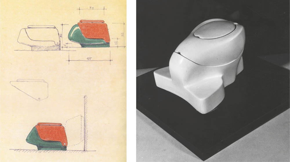 Early sketch (left) and prototype of the alla turca and alla franga functions combined in the same water closet by Sadun Ersin (right), 1970, DATUMM Archive, datumm.org, 2023.