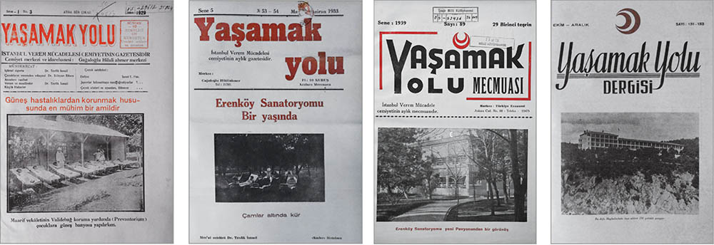 Covers and headlines of Yaşamak Yolu, which promoted the spatiality of the cure treatment from 1929-1946. Validebağ Sanatorium complex, text reads: [The sun is the most important factor in protection against diseases. Children taking sun baths at the Validebağ Prevantorium of the Ministry of Education]. © Yaşamak Yolu cover, 1929, No.3;  Erenköy Sanatorium, texts read: [Erenköy Sanatorium is one year old. Cure under the pine trees] and [A view from the new pavilion of Erenköy Sanatorium]; © Yaşamak Yolu covers, 1933, No.53-54; 1939, No.89. Heybeliada Sanatorium, text reads: [This time, a 250-bed pavilion built in Heybeliada]. © Yaşamak Yolu cover, 1946, No.131-133.
