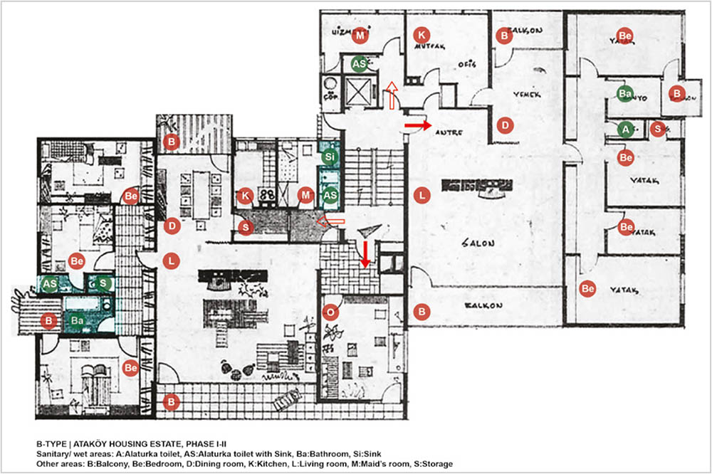 Ataköy Blocks B-type: three and four-bedroom apartments with standard bathrooms and separate alla turka toilets and sinks (legend by the authors) © Arkitekt archive, 1958, p. 63 (Courtesy of Eren Sayar Kavcı for Arkitekt)