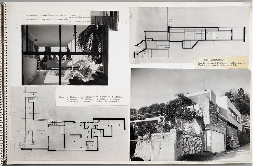 Villa Tempe à Pailla in Castellar (1931–1935). Page from Eileen Gray’s portfolio: Floor plan, with the interior spatial distribution, longitudinal section showing the different room heights, and the photographs with a focus on the threshold between the covered outdoor terrace and the living room. © National Museum of Ireland, 1956.