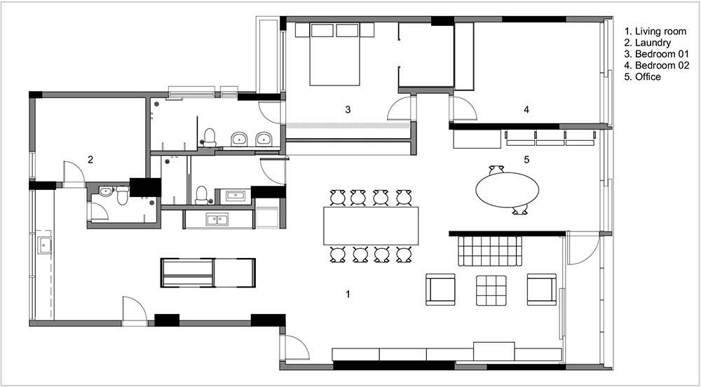 Floor plan of first case after renovation in 2008 for a couple without children. © Silvio Oksman Archive, 2019.