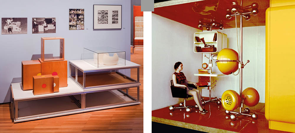 Left: Nesting dolls system (left) and the multifunctional ball (right, reproduction from 2011); both by Teresa Kruszewska, Poland, 1975. © Kunstgewerbemuseum Berlin, 2023. Right:  Domestic Information Machine (DIM) project, VNIITE design team—Evgeny Bogdanov, Vladimir Paperny, Vladimir Rezvin, Alexander Ryabushin, A. Sergeev, and POZITRON Leningrad Research and Development Association, GIRIKOND Research Institute, Soviet Union, 1969–1972. © Kunstgewerbemuseum Berlin, 2023.