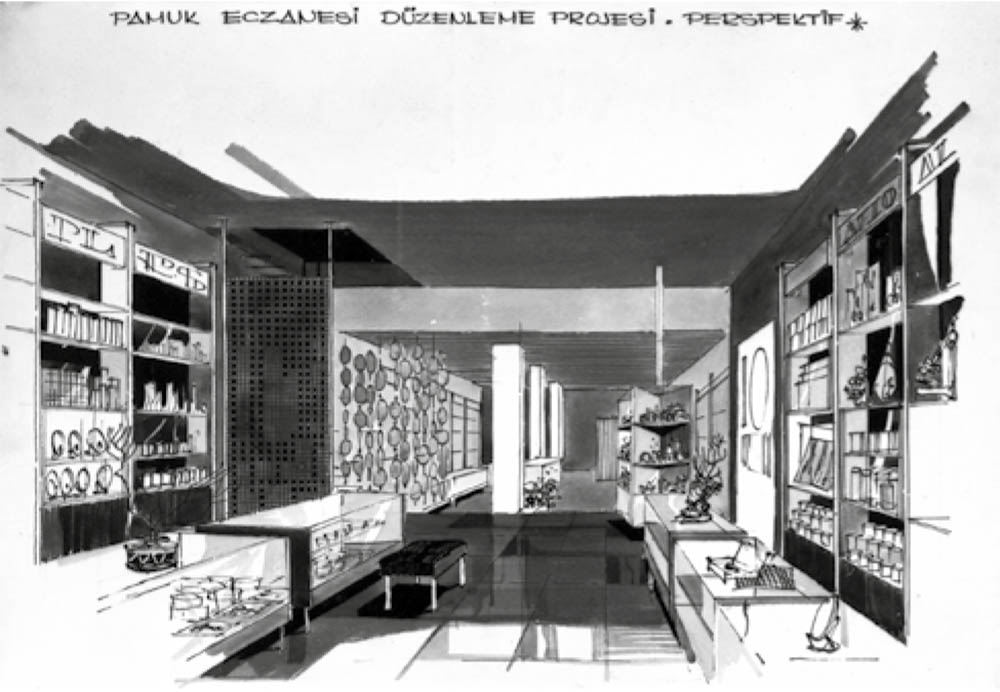 Pamuk Pharmacy (Pamuk Eczanesi), a space of hygiene, by Önder Küçükerman, interior perspective drawing, Istanbul (Turkey), 1968 and ©: Önder Küçükerman and DATUMM: Documenting and Archiving Turkish Modern Furniture Archives (datumm.org).